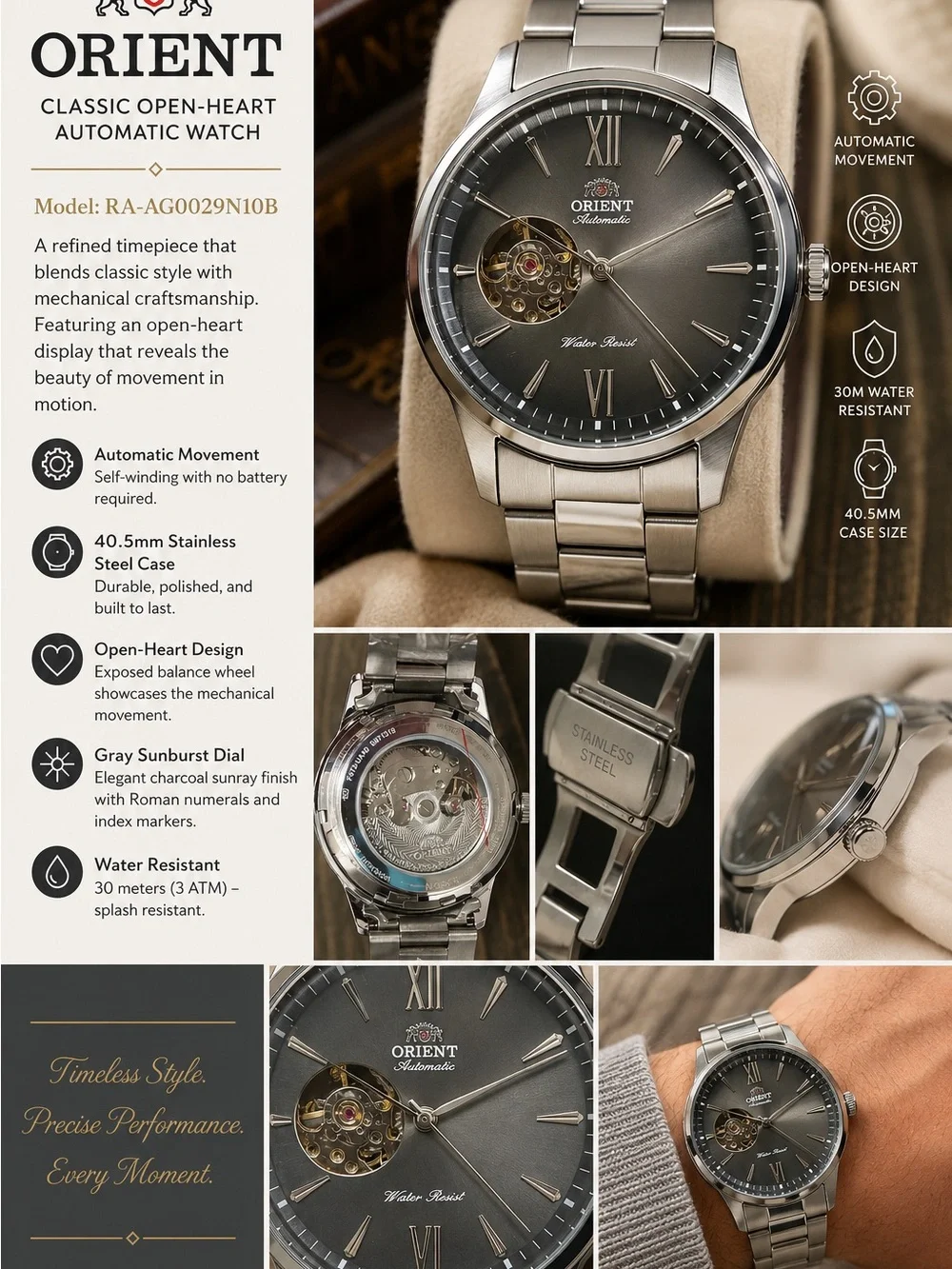Classic Open-Heart Men's Automatic Watch — Gray Sunburst